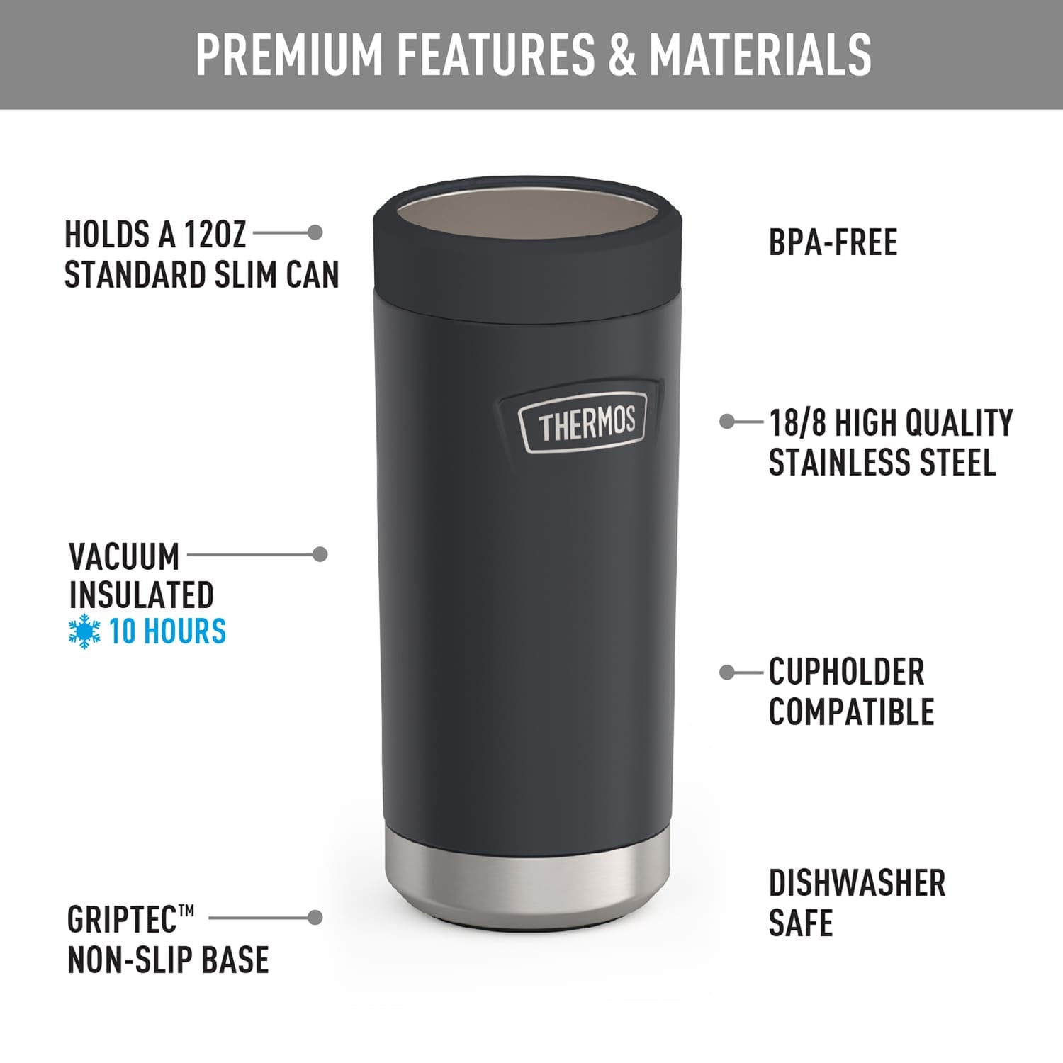 Thermos Icon Series Stainless Steel 12-Oz.-Slim-Can Beverage Insulator, Granite