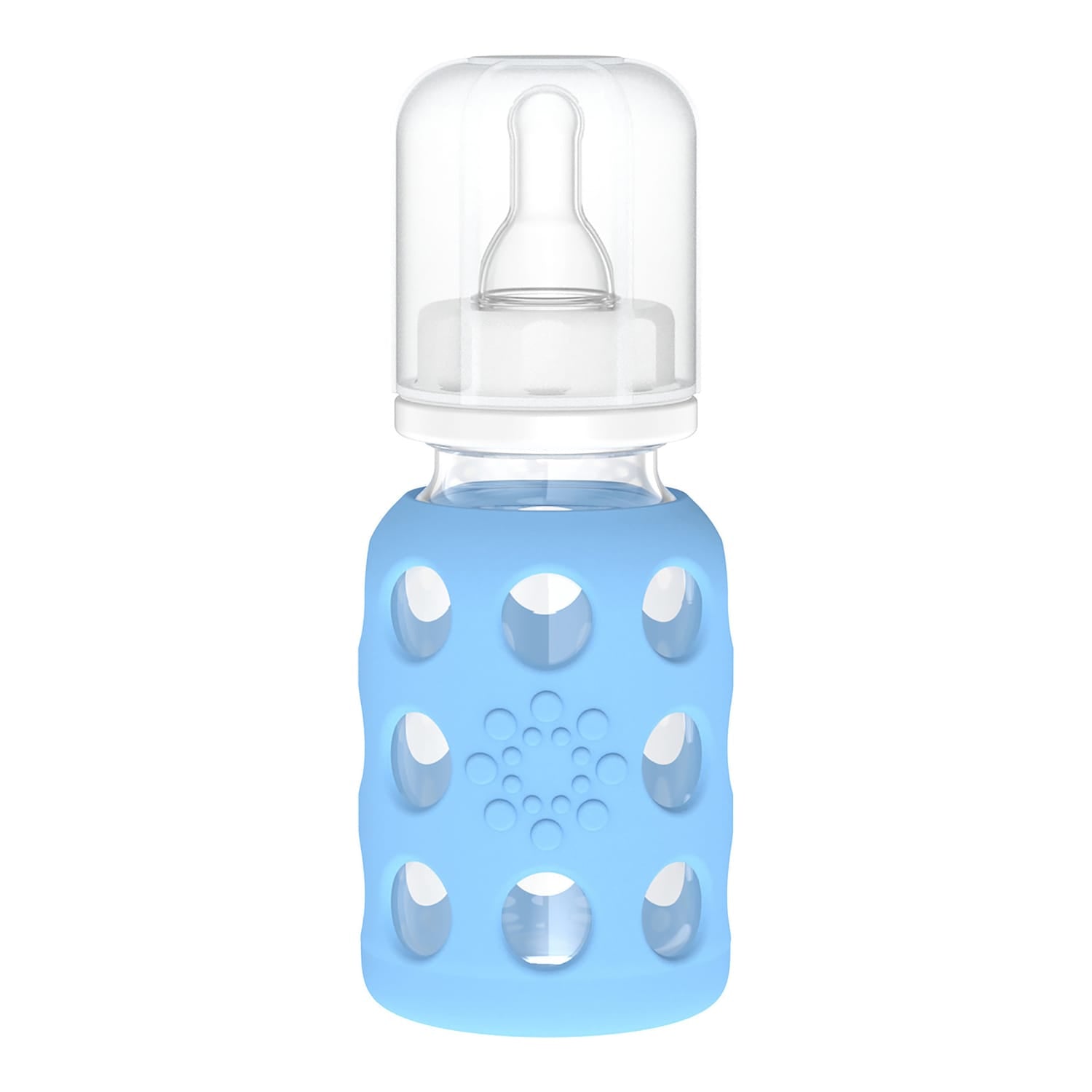 Lifefactory 4-Oz. Glass Baby Bottle with Silicone Sleeve, Stage 1 Nipple, Stopper, and Cap, Sky