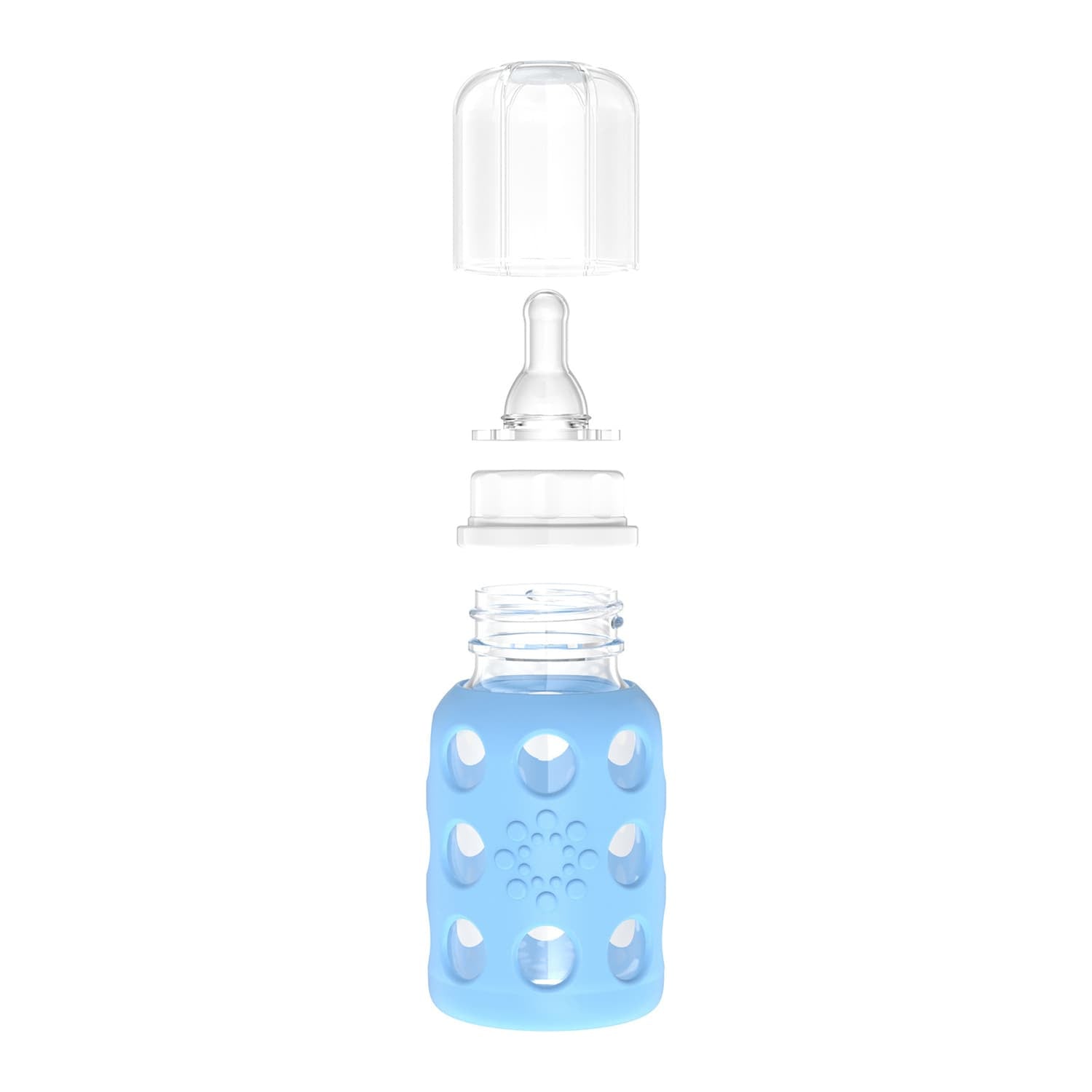 Lifefactory 4-Oz. Glass Baby Bottle with Silicone Sleeve, Stage 1 Nipple, Stopper, and Cap, Sky