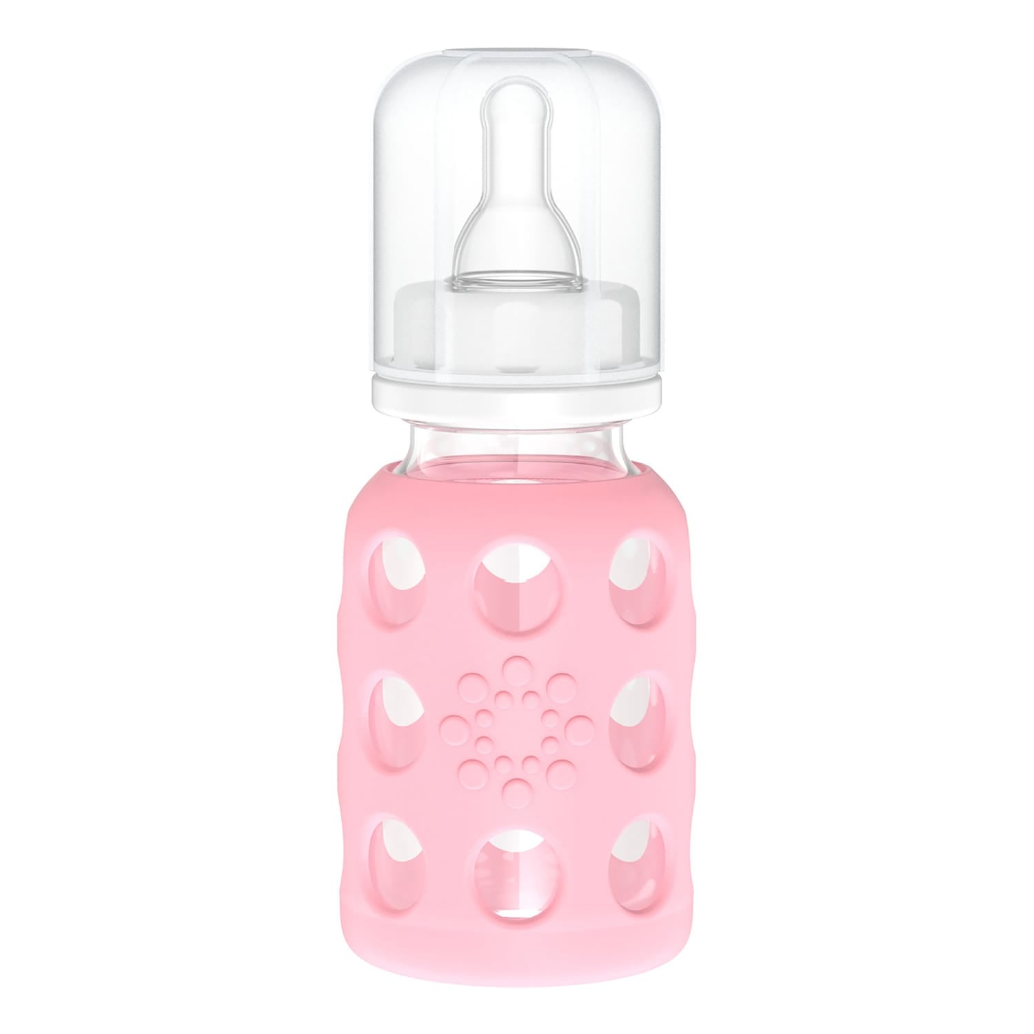 Lifefactory 4-Oz. Glass Baby Bottle with Silicone Sleeve, Stage 1 Nipple, Stopper, and Cap, Pink