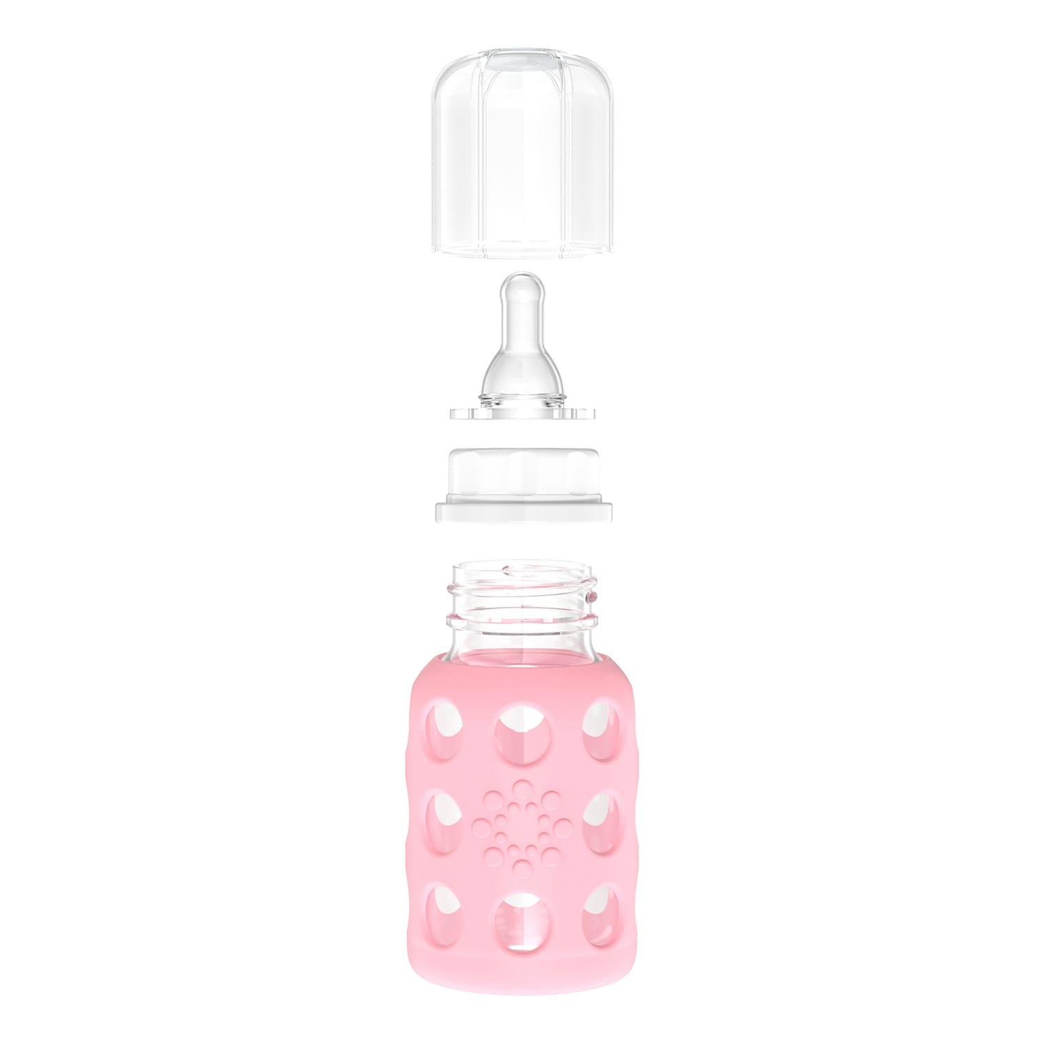 Lifefactory 4-Oz. Glass Baby Bottle with Silicone Sleeve, Stage 1 Nipple, Stopper, and Cap, Pink