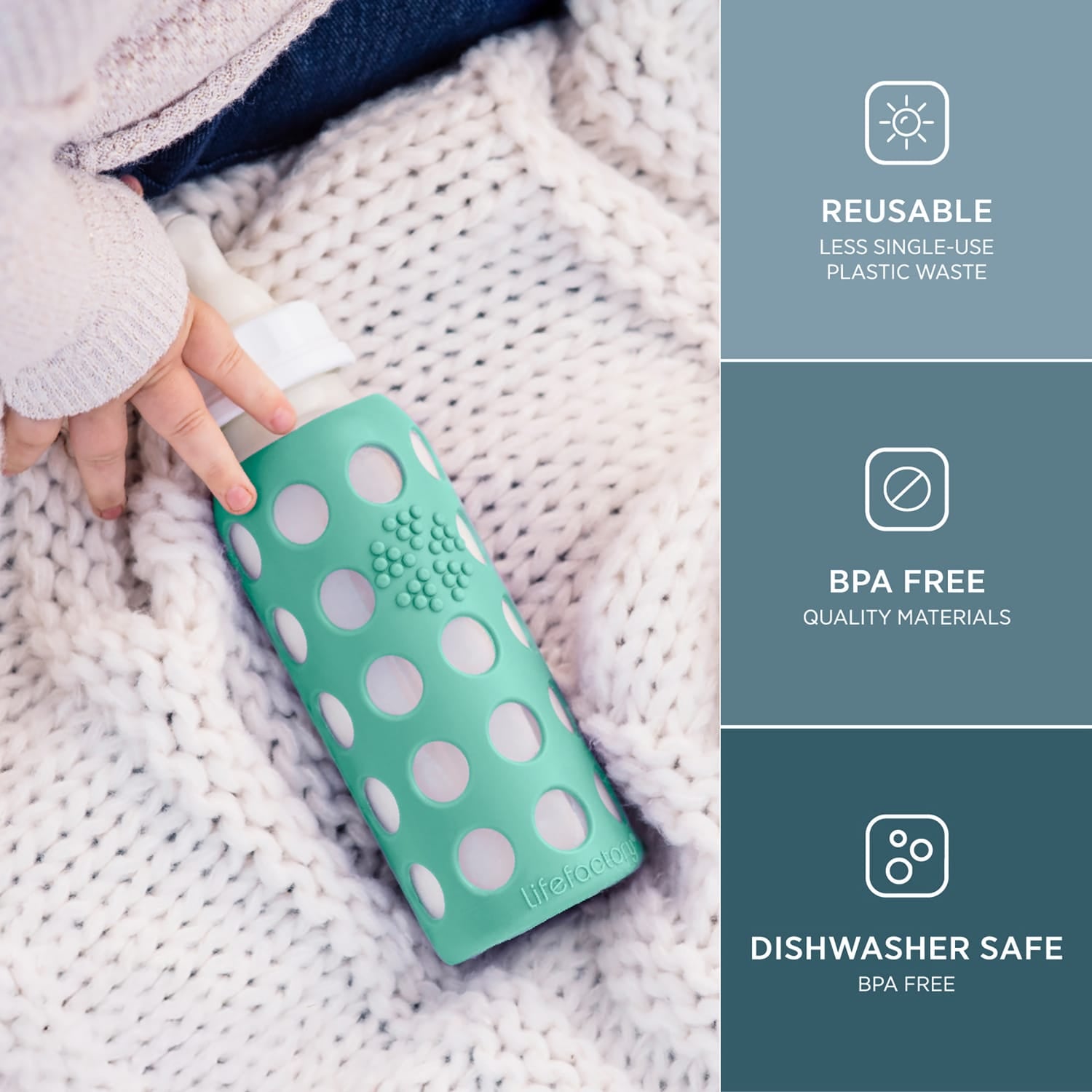 Lifefactory 9-Oz. Glass Baby Bottle with Silicone Sleeve, Stage 2 Nipple, Stopper, and Cap, Kale