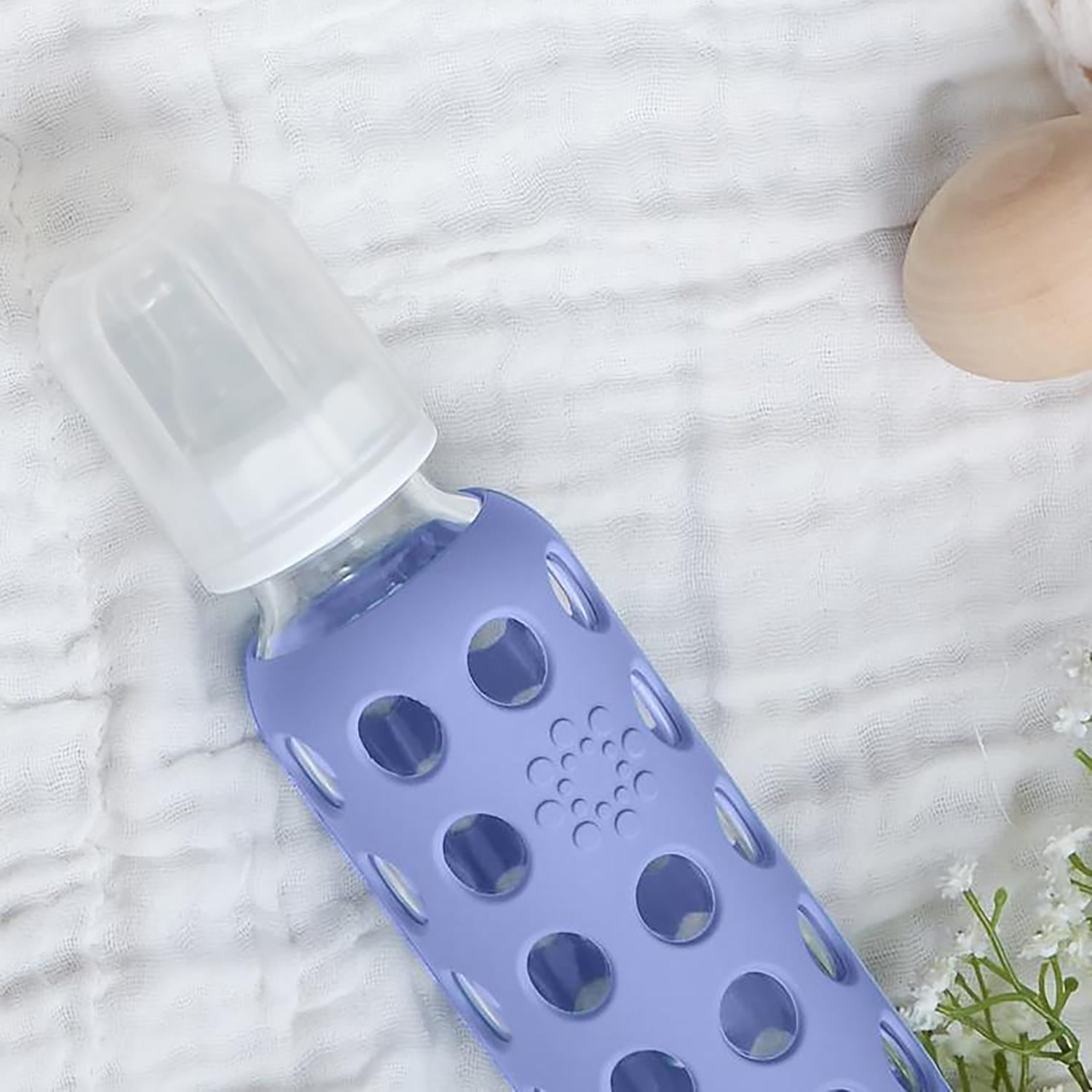 Lifefactory 9-Oz. Glass Baby Bottle with Silicone Sleeve, Stage 2 Nipple, Stopper, and Cap, Blueberry