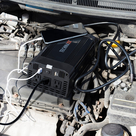 Technaxx 3-AC Outlet and 2-USB Port 1200-Continuous-Watt TE16 Vehicle Power Inverter with Battery Connection Cables, 5044