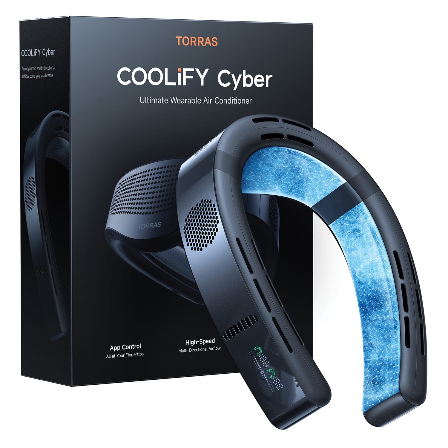 Torras Portable Neck Fan, COOLiFY Cyber Smart AI-Control Wearable Neck Air Conditioner, Bladeless, 6000-mAh Rechargeable Battery, Cascade Black