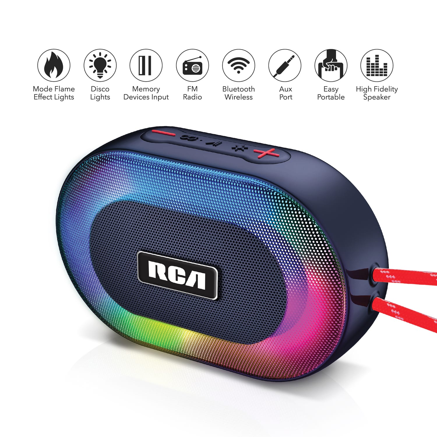 RCA 5-Watt DISCO-101 Equinox Portable Bluetooth Speaker with TWS, Flame Effect Lights, USB/microSD/Aux, FM Radio, IPX5, up to 3 Hours Play Time