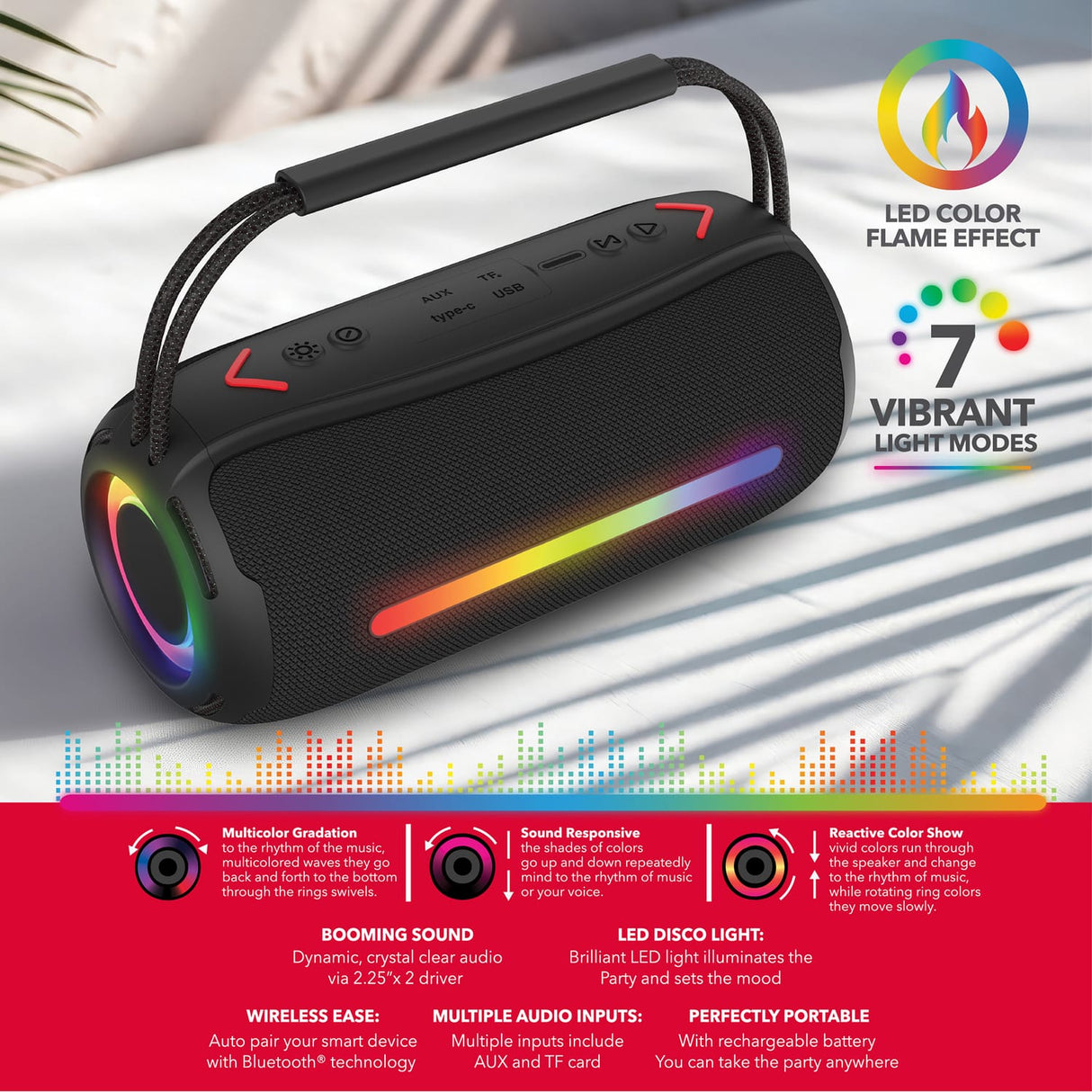 RCA 20-Watt FLEX-3 Micro Boom Portable Bluetooth Flame Mini Speaker with TWS, RGB Lights, USB/microSD Card/Aux, FM, up to 6 Hours Play Time, Black