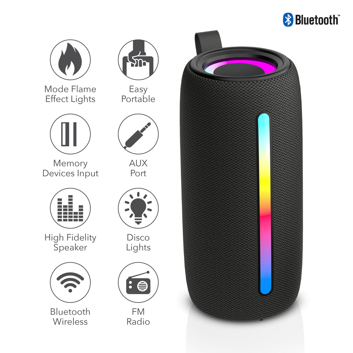 RCA 5-Watt FLEX-4 Mini Bazooka Portable Bluetooth Flame Party Speaker with TWS, Sound FX, USB/microSD Card/Aux, FM, up to 6 Hours Play Time, Black