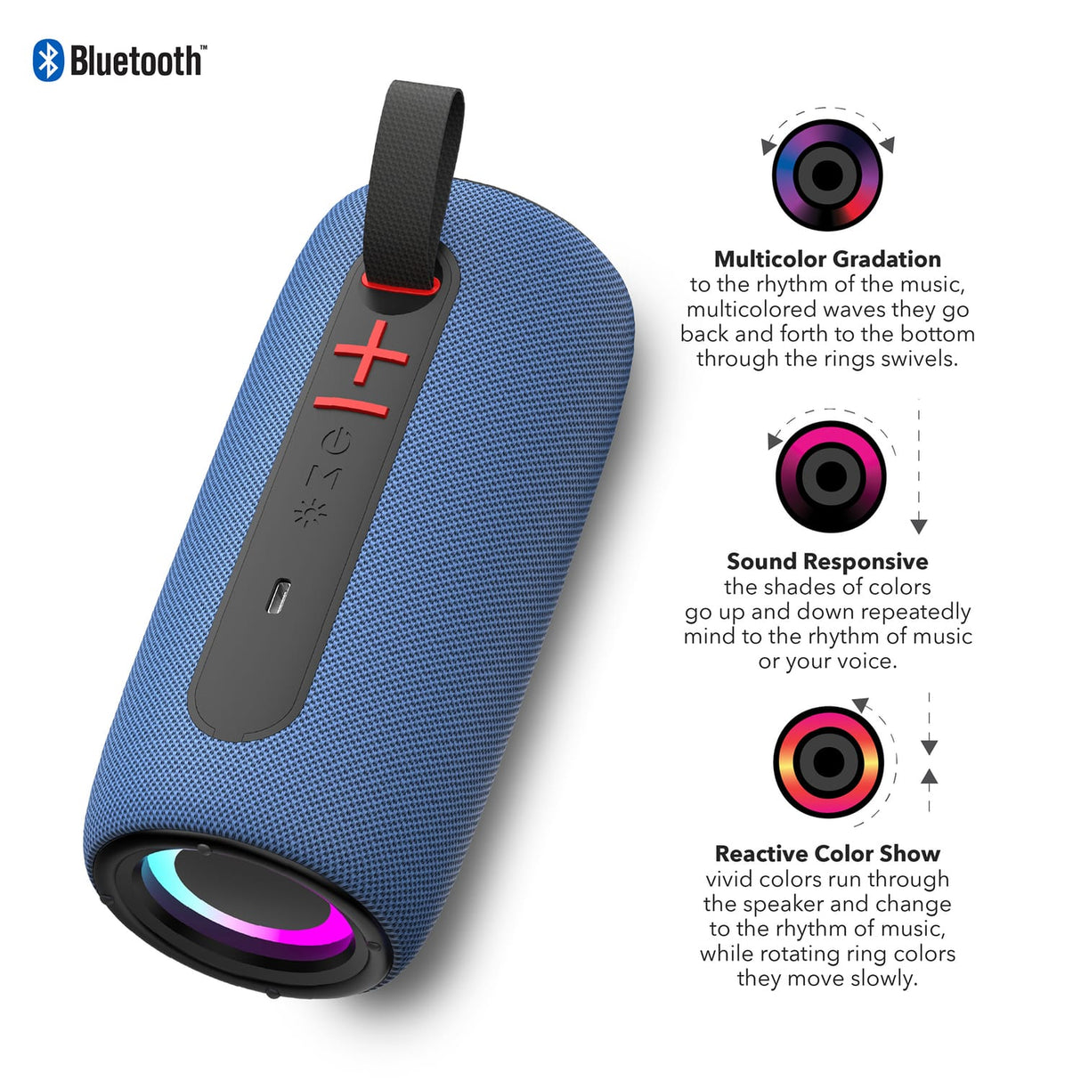 RCA 5-Watt FLEX-4 Mini Bazooka Portable Bluetooth Flame Party Speaker with TWS, Sound FX, USB/microSD Card/Aux, FM, up to 6 Hours Play Time, Blue