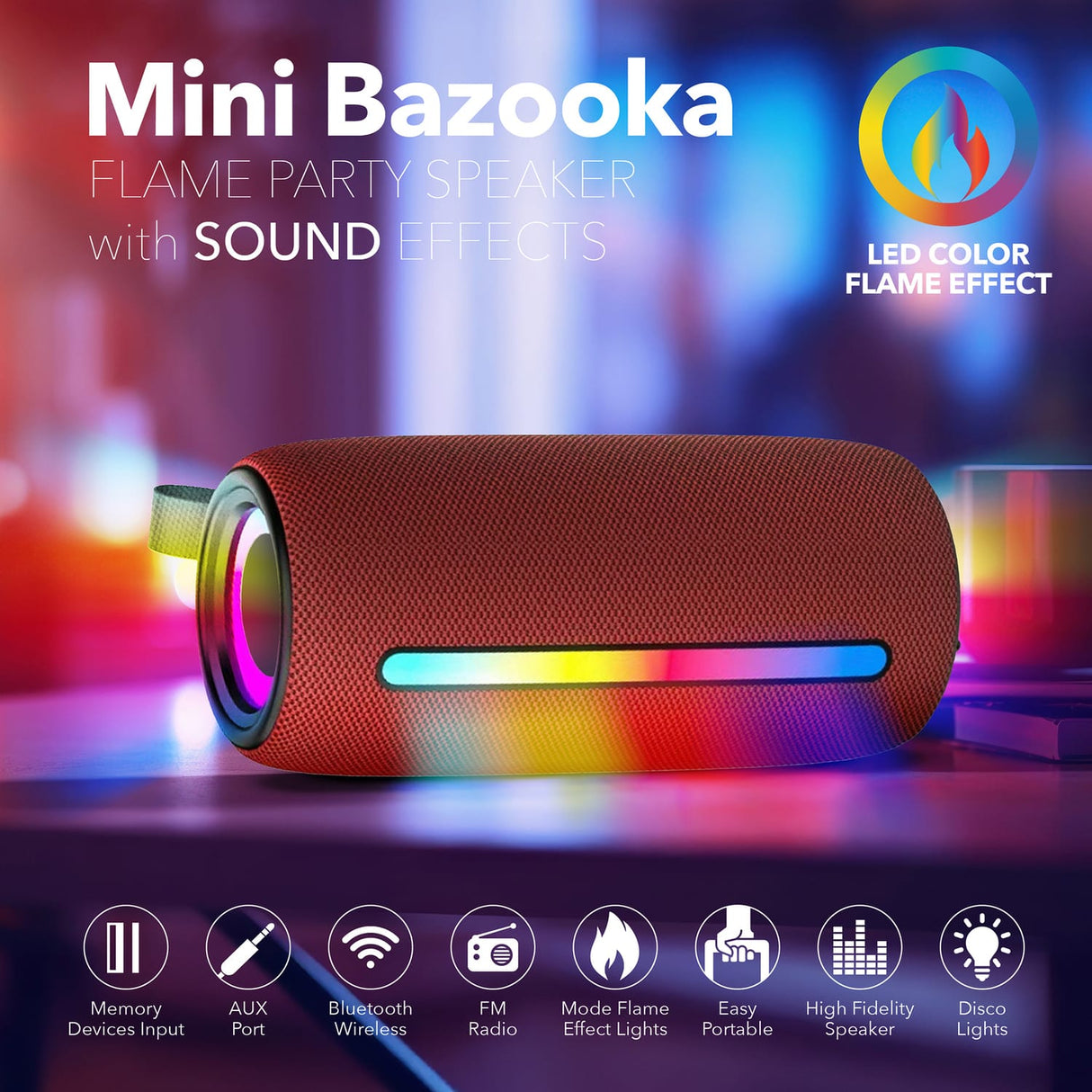 RCA 5-Watt FLEX-4 Mini Bazooka Portable Bluetooth Flame Party Speaker with TWS, Sound FX, USB/microSD Card/Aux, FM, up to 6 Hours Play Time, Red