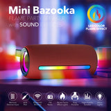 RCA 5-Watt FLEX-4 Mini Bazooka Portable Bluetooth Flame Party Speaker with TWS, Sound FX, USB/microSD Card/Aux, FM, up to 6 Hours Play Time, Red