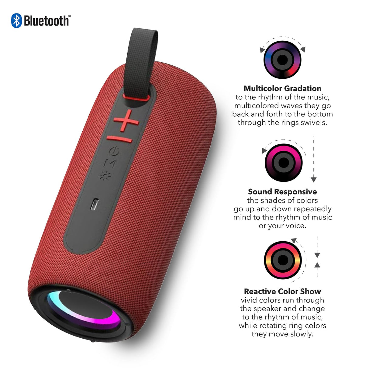 RCA 5-Watt FLEX-4 Mini Bazooka Portable Bluetooth Flame Party Speaker with TWS, Sound FX, USB/microSD Card/Aux, FM, up to 6 Hours Play Time, Red