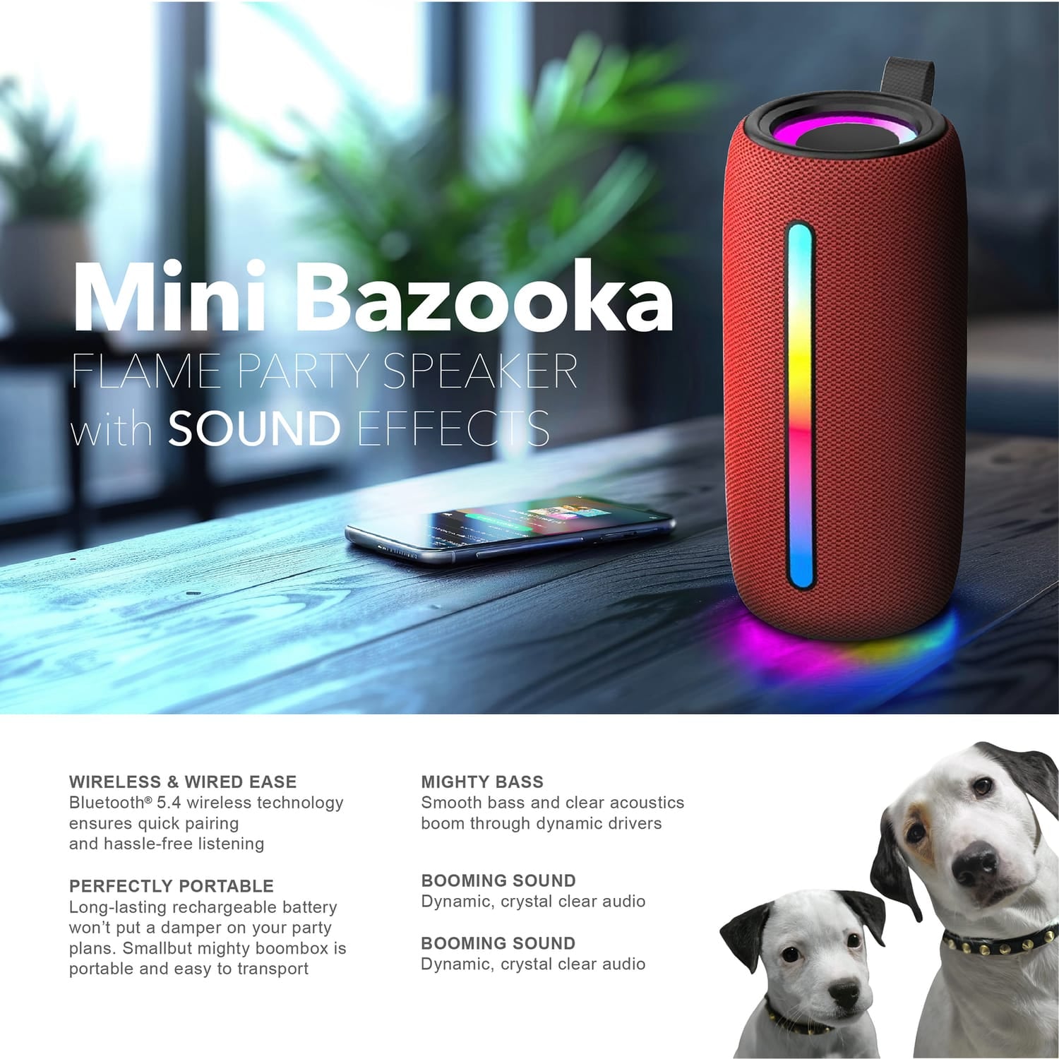 RCA 5-Watt FLEX-4 Mini Bazooka Portable Bluetooth Flame Party Speaker with TWS, Sound FX, USB/microSD Card/Aux, FM, up to 6 Hours Play Time, Red