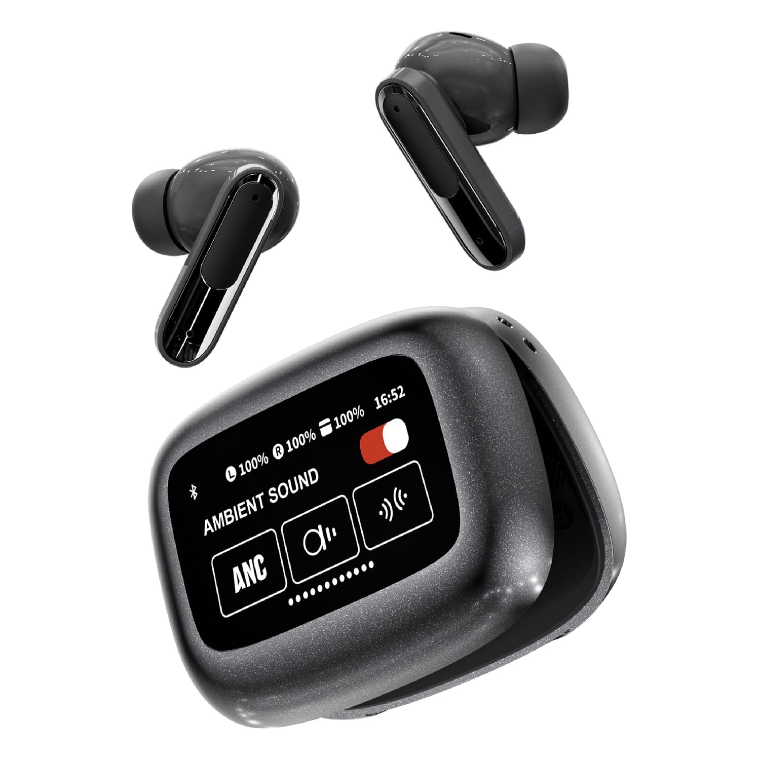 RCA WAVE-45 TWS Bluetooth In-Ear Earbuds with Mics, On-Ear Controls, ANC, Charging Case with Touch Screen, up to 6 Hours Play Time, Black