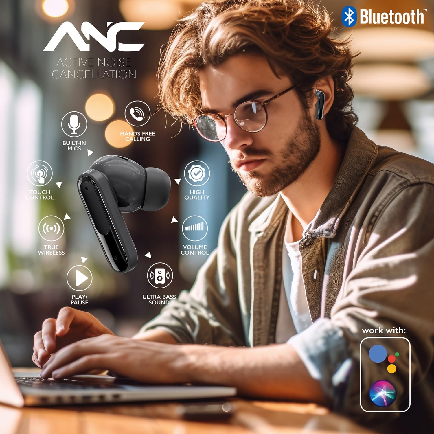 RCA WAVE-45 TWS Bluetooth In-Ear Earbuds with Mics, On-Ear Controls, ANC, Charging Case with Touch Screen, up to 6 Hours Play Time, Black
