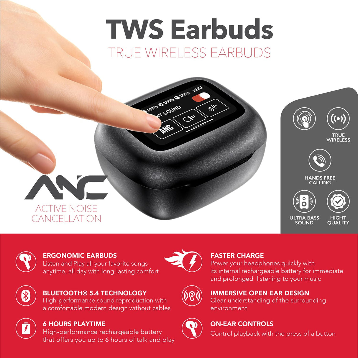RCA WAVE-45 TWS Bluetooth In-Ear Earbuds with Mics, On-Ear Controls, ANC, Charging Case with Touch Screen, up to 6 Hours Play Time, Black