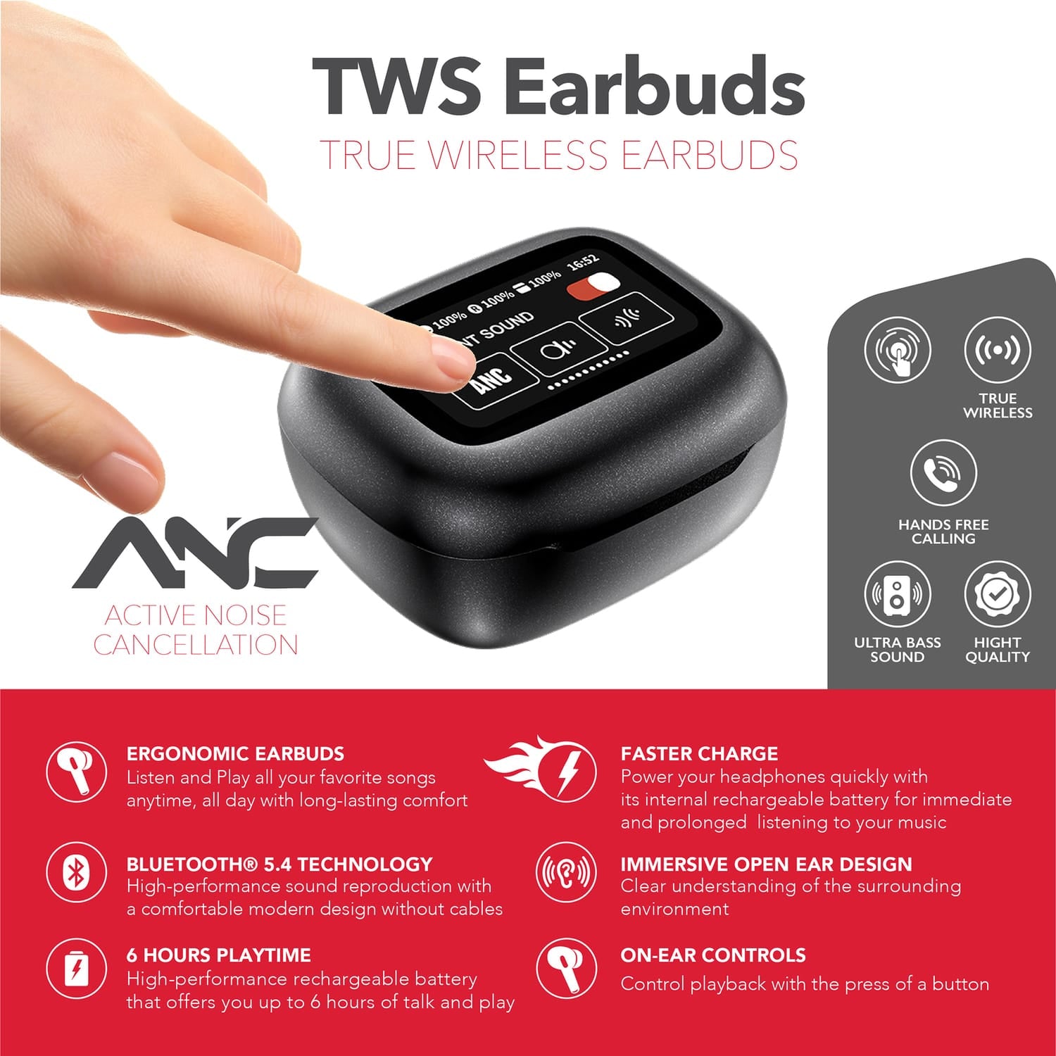 RCA WAVE-45 TWS Bluetooth In-Ear Earbuds with Mics, On-Ear Controls, ANC, Charging Case with Touch Screen, up to 6 Hours Play Time, Black