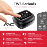 RCA WAVE-45 TWS Bluetooth In-Ear Earbuds with Mics, On-Ear Controls, ANC, Charging Case with Touch Screen, up to 6 Hours Play Time, Black