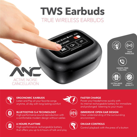 RCA WAVE-45 TWS Bluetooth In-Ear Earbuds with Mics, On-Ear Controls, ANC, Charging Case with Touch Screen, up to 6 Hours Play Time, Black