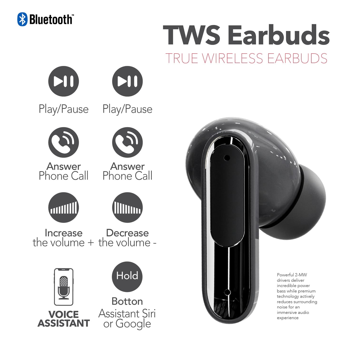 RCA WAVE-45 TWS Bluetooth In-Ear Earbuds with Mics, On-Ear Controls, ANC, Charging Case with Touch Screen, up to 6 Hours Play Time, Black