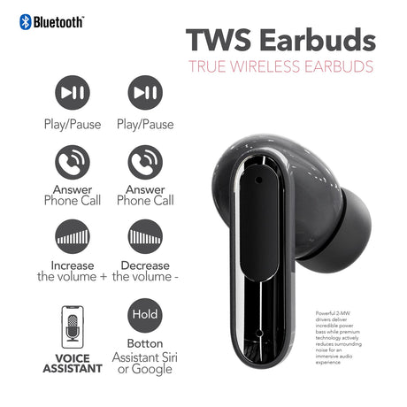 RCA WAVE-45 TWS Bluetooth In-Ear Earbuds with Mics, On-Ear Controls, ANC, Charging Case with Touch Screen, up to 6 Hours Play Time, Black