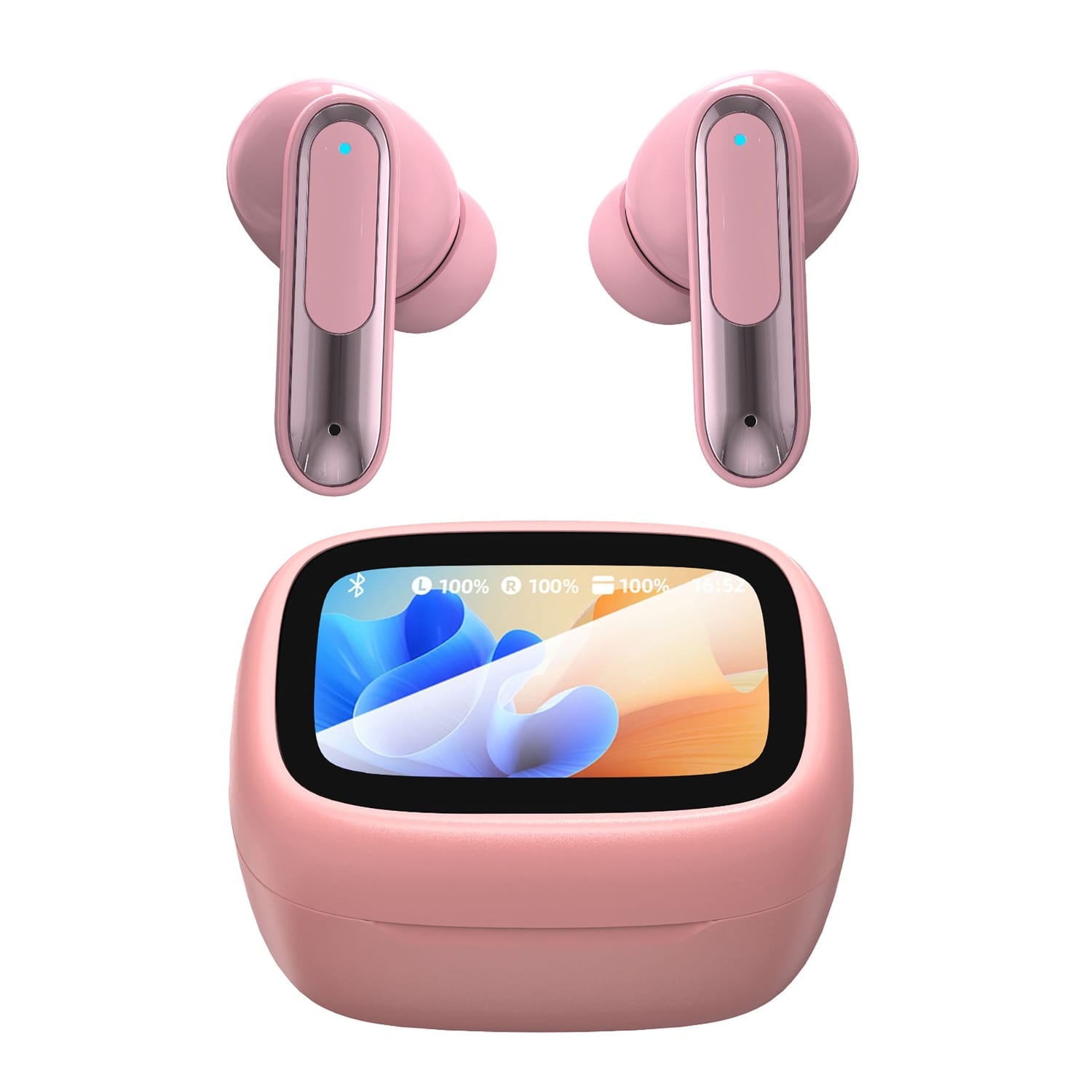 RCA WAVE-45 TWS Bluetooth In-Ear Earbuds with Mics, On-Ear Controls, ANC, Charging Case with Touch Screen, up to 6 Hours Play Time, Pink