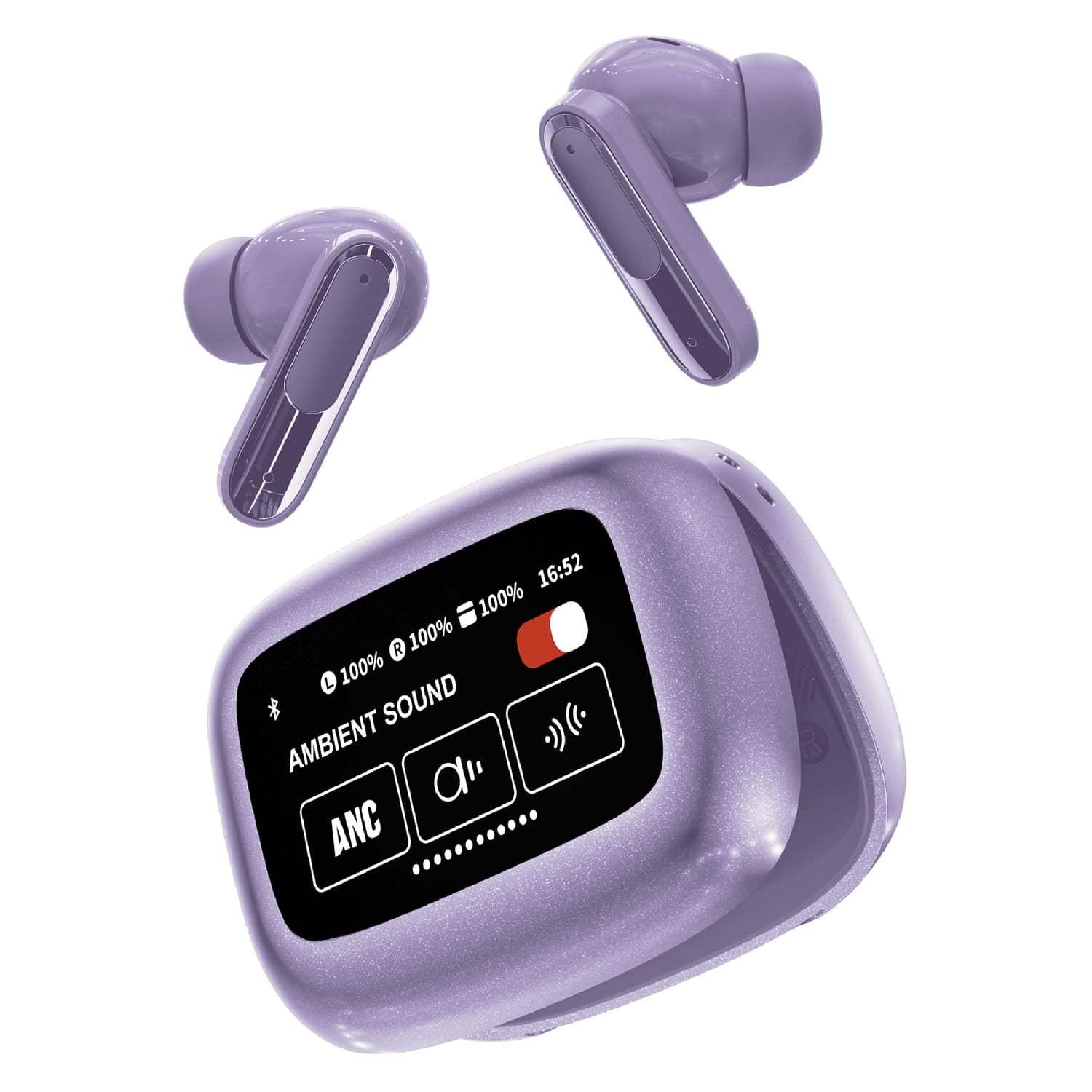 RCA WAVE-45 TWS Bluetooth In-Ear Earbuds with Mics, On-Ear Controls, ANC, Charging Case with Touch Screen, up to 6 Hours Play Time, Purple