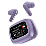 RCA WAVE-45 TWS Bluetooth In-Ear Earbuds with Mics, On-Ear Controls, ANC, Charging Case with Touch Screen, up to 6 Hours Play Time, Purple
