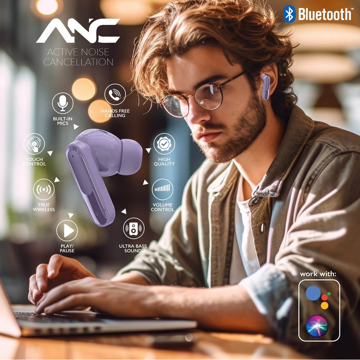 RCA WAVE-45 TWS Bluetooth In-Ear Earbuds with Mics, On-Ear Controls, ANC, Charging Case with Touch Screen, up to 6 Hours Play Time, Purple