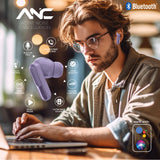 RCA WAVE-45 TWS Bluetooth In-Ear Earbuds with Mics, On-Ear Controls, ANC, Charging Case with Touch Screen, up to 6 Hours Play Time, Purple