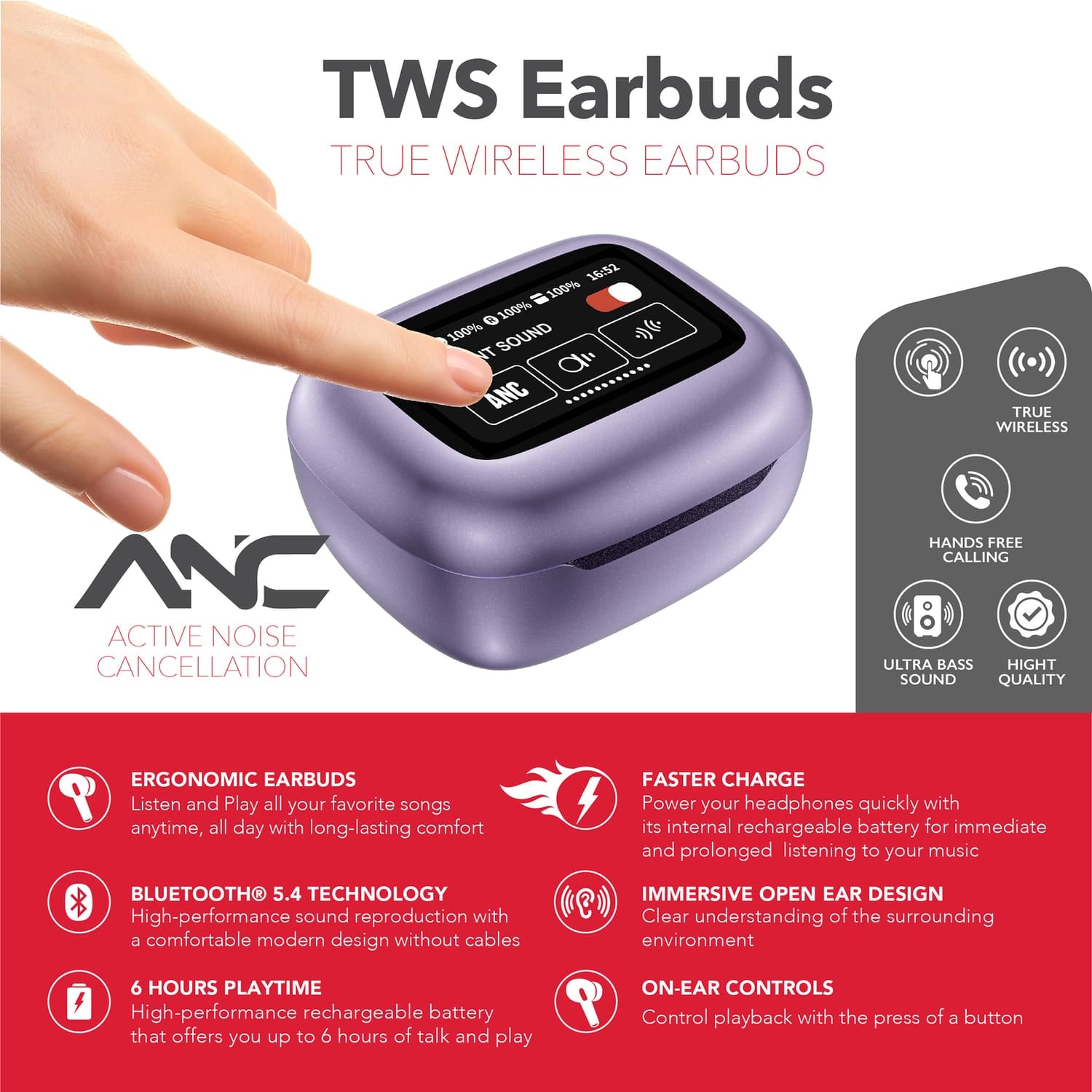 RCA WAVE-45 TWS Bluetooth In-Ear Earbuds with Mics, On-Ear Controls, ANC, Charging Case with Touch Screen, up to 6 Hours Play Time, Purple