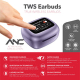 RCA WAVE-45 TWS Bluetooth In-Ear Earbuds with Mics, On-Ear Controls, ANC, Charging Case with Touch Screen, up to 6 Hours Play Time, Purple
