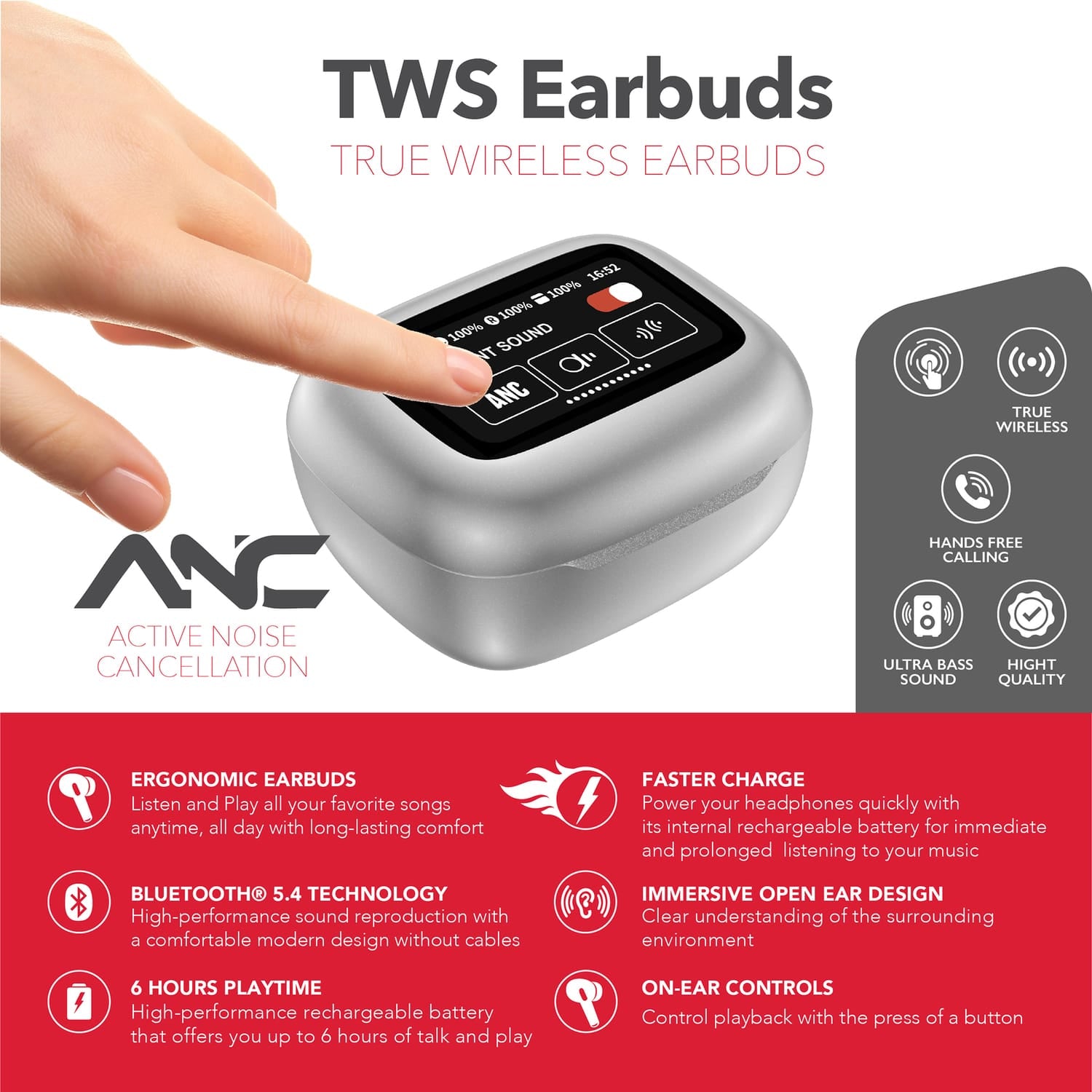 RCA WAVE-45 TWS Bluetooth In-Ear Earbuds with Mics, On-Ear Controls, ANC, Charging Case with Touch Screen, up to 6 Hours Play Time, White