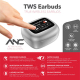 RCA WAVE-45 TWS Bluetooth In-Ear Earbuds with Mics, On-Ear Controls, ANC, Charging Case with Touch Screen, up to 6 Hours Play Time, White