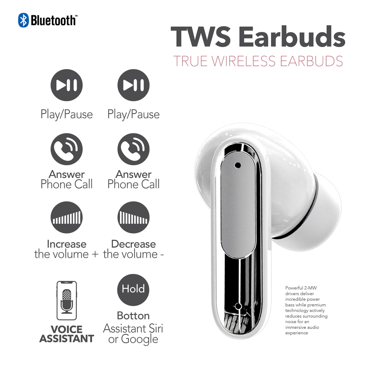 RCA WAVE-45 TWS Bluetooth In-Ear Earbuds with Mics, On-Ear Controls, ANC, Charging Case with Touch Screen, up to 6 Hours Play Time, White