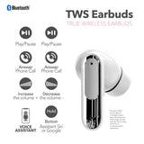 RCA WAVE-45 TWS Bluetooth In-Ear Earbuds with Mics, On-Ear Controls, ANC, Charging Case with Touch Screen, up to 6 Hours Play Time, White