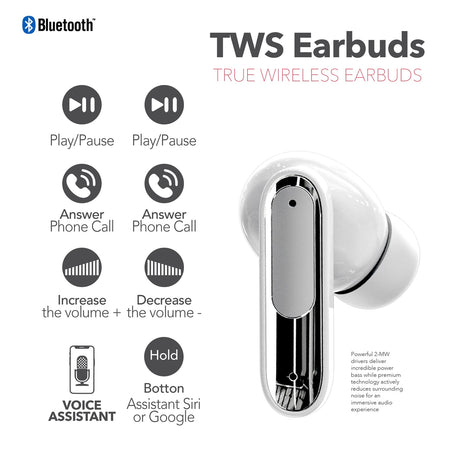 RCA WAVE-45 TWS Bluetooth In-Ear Earbuds with Mics, On-Ear Controls, ANC, Charging Case with Touch Screen, up to 6 Hours Play Time, White