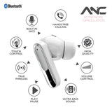 RCA WAVE-45 TWS Bluetooth In-Ear Earbuds with Mics, On-Ear Controls, ANC, Charging Case with Touch Screen, up to 6 Hours Play Time, White