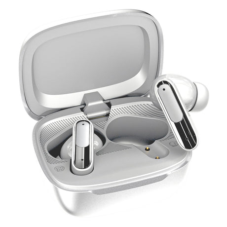 RCA WAVE-45 TWS Bluetooth In-Ear Earbuds with Mics, On-Ear Controls, ANC, Charging Case with Touch Screen, up to 6 Hours Play Time, White