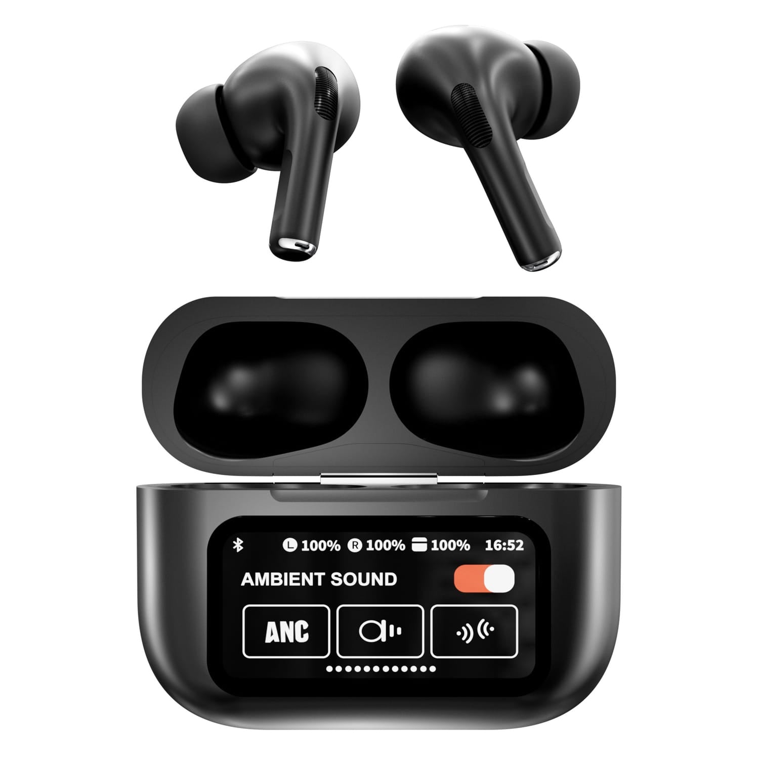 RCA WAVE-48 TWS Bluetooth In-Ear Earbuds with Mics, On-Ear Controls, ANC, Charging Case with Screen, up to 20 Hours Play Time, Black