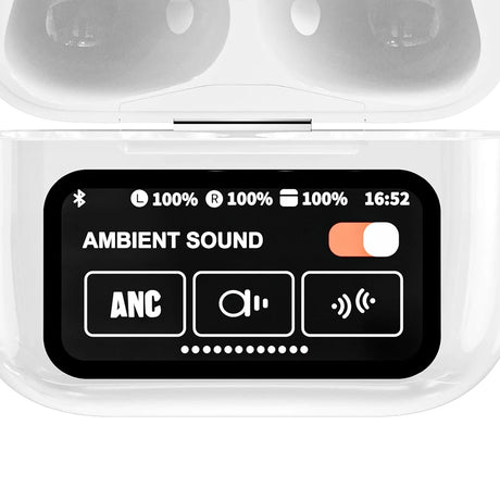 RCA WAVE-48 TWS Bluetooth In-Ear Earbuds with Mics, On-Ear Controls, ANC, Charging Case with Screen, up to 20 Hours Play Time, White