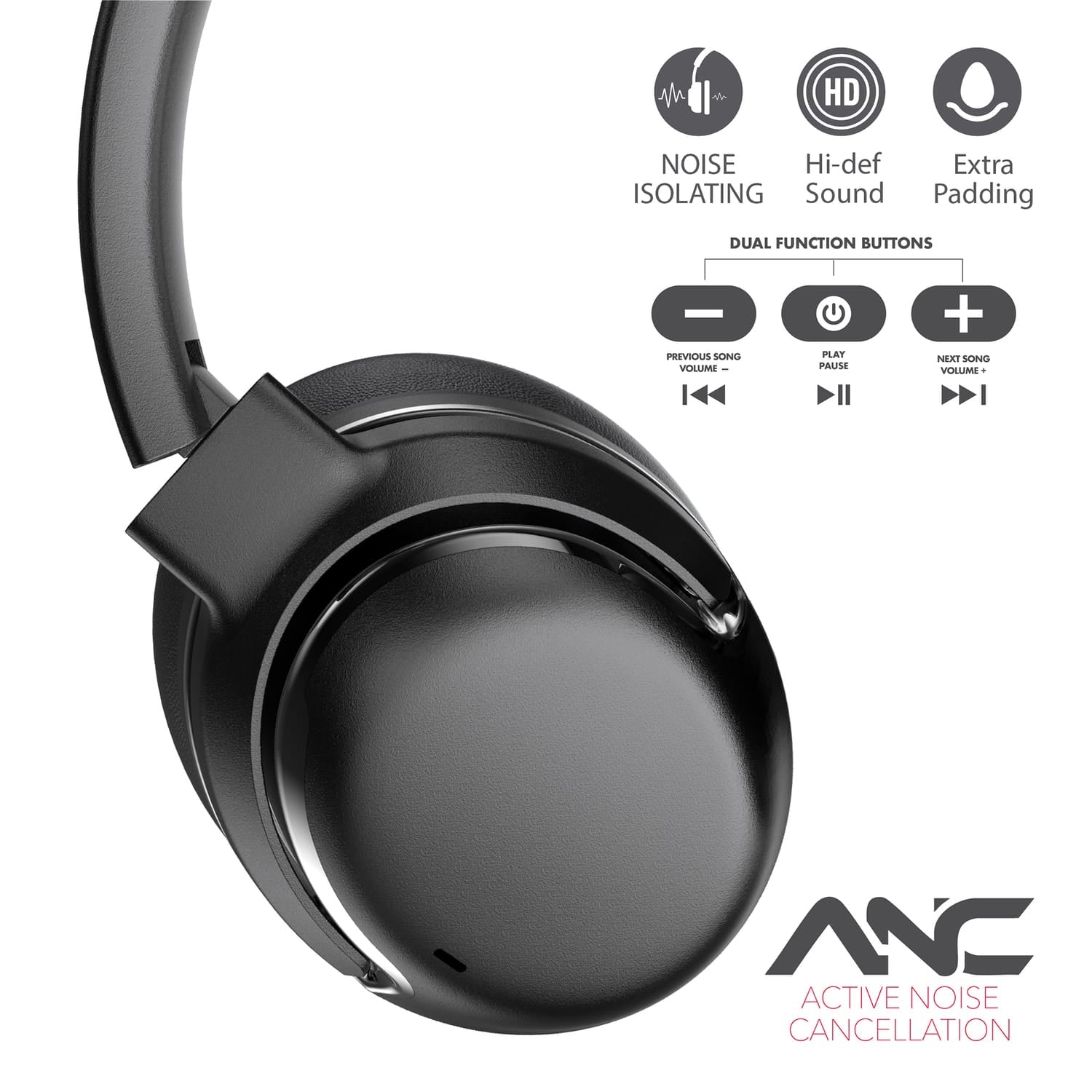 RCA WAVE-76 Bluetooth Flat-Folding On-Ear Headphones with Mic, ANC, On-Ear Controls, 3D Earpads, up to 25 Hours Play Time, Black