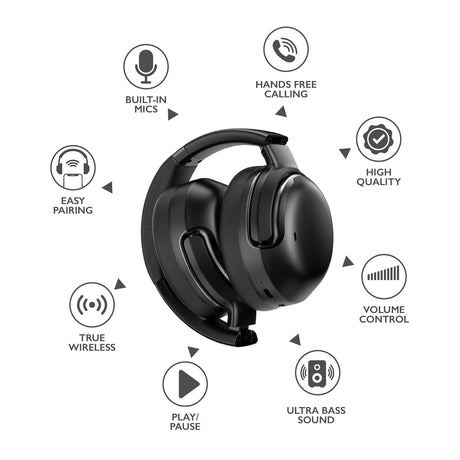 RCA WAVE-76 Bluetooth Flat-Folding On-Ear Headphones with Mic, ANC, On-Ear Controls, 3D Earpads, up to 25 Hours Play Time, Black