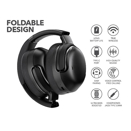 RCA WAVE-76 Bluetooth Flat-Folding On-Ear Headphones with Mic, ANC, On-Ear Controls, 3D Earpads, up to 25 Hours Play Time, Black