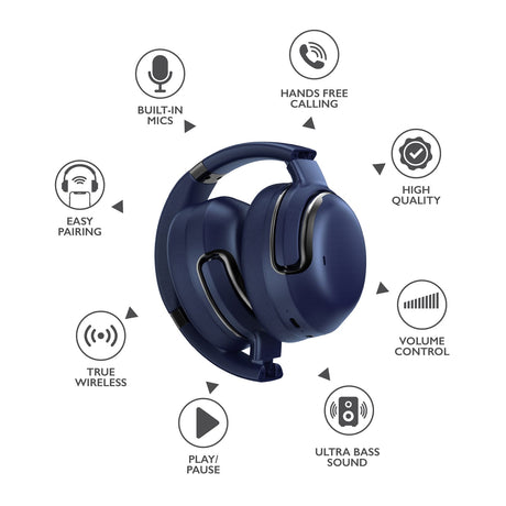 RCA WAVE-76 Bluetooth Flat-Folding On-Ear Headphones with Mic, ANC, On-Ear Controls, 3D Earpads, up to 25 Hours Play Time, Blue