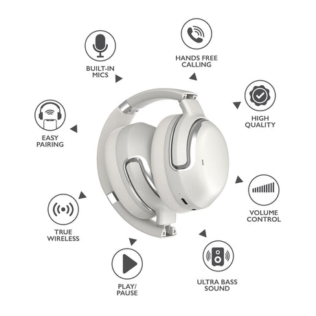 RCA WAVE-76 Bluetooth Flat-Folding On-Ear Headphones with Mic, ANC, On-Ear Controls, 3D Earpads, up to 25 Hours Play Time, Silver