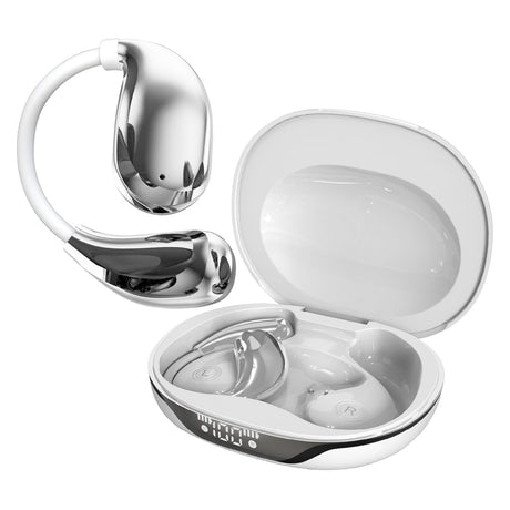 RCA WAVE-88 AI Translator TWS Bluetooth Open-Ear Earbuds with Mics, On-Ear Controls, Charging Case with Screen, up to 6 Hours Play Time, White