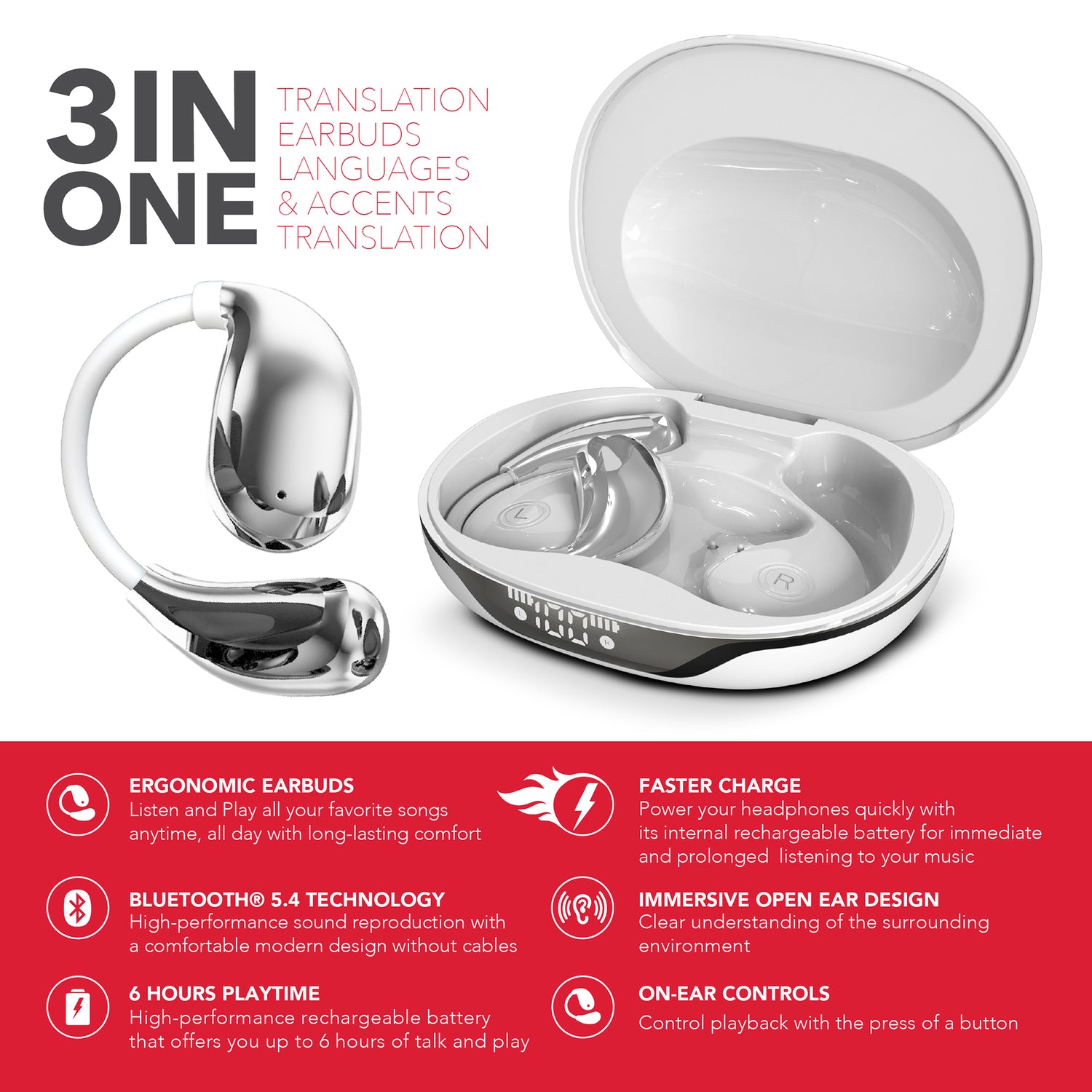 RCA WAVE-88 AI Translator TWS Bluetooth Open-Ear Earbuds with Mics, On-Ear Controls, Charging Case with Screen, up to 6 Hours Play Time, White