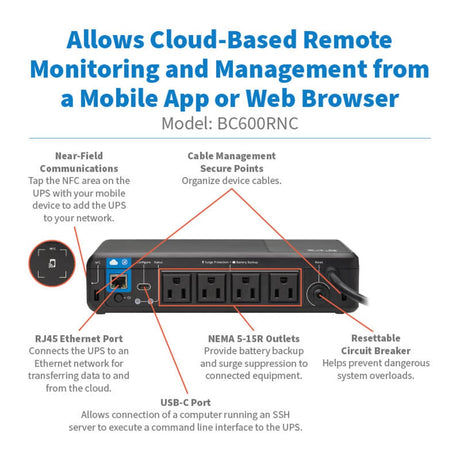 Tripp Lite by Eaton 4-AC Outlet 600-VA/300-Watt PC/Network/POS Cloud-Connected Desktop UPS with 190-Joules Surge Protection, 5-Ft. Cord, BC600RNC