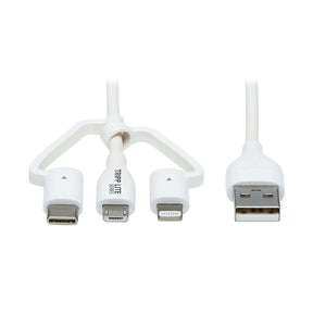 Tripp Lite by Eaton Safe-IT Universal USB-A to Lightning, USB Micro-B, and USB-C Charge and Sync Antibacterial Cable, White, 4 Ft.
